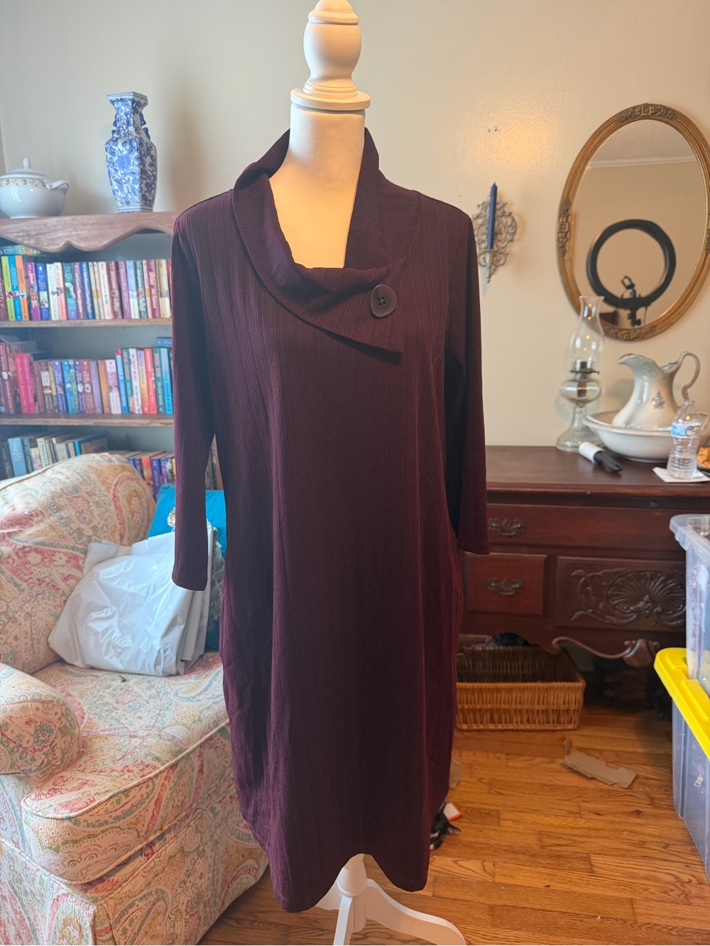 Luxology Burgundy Long-Sleeve Cowl Neck Dress